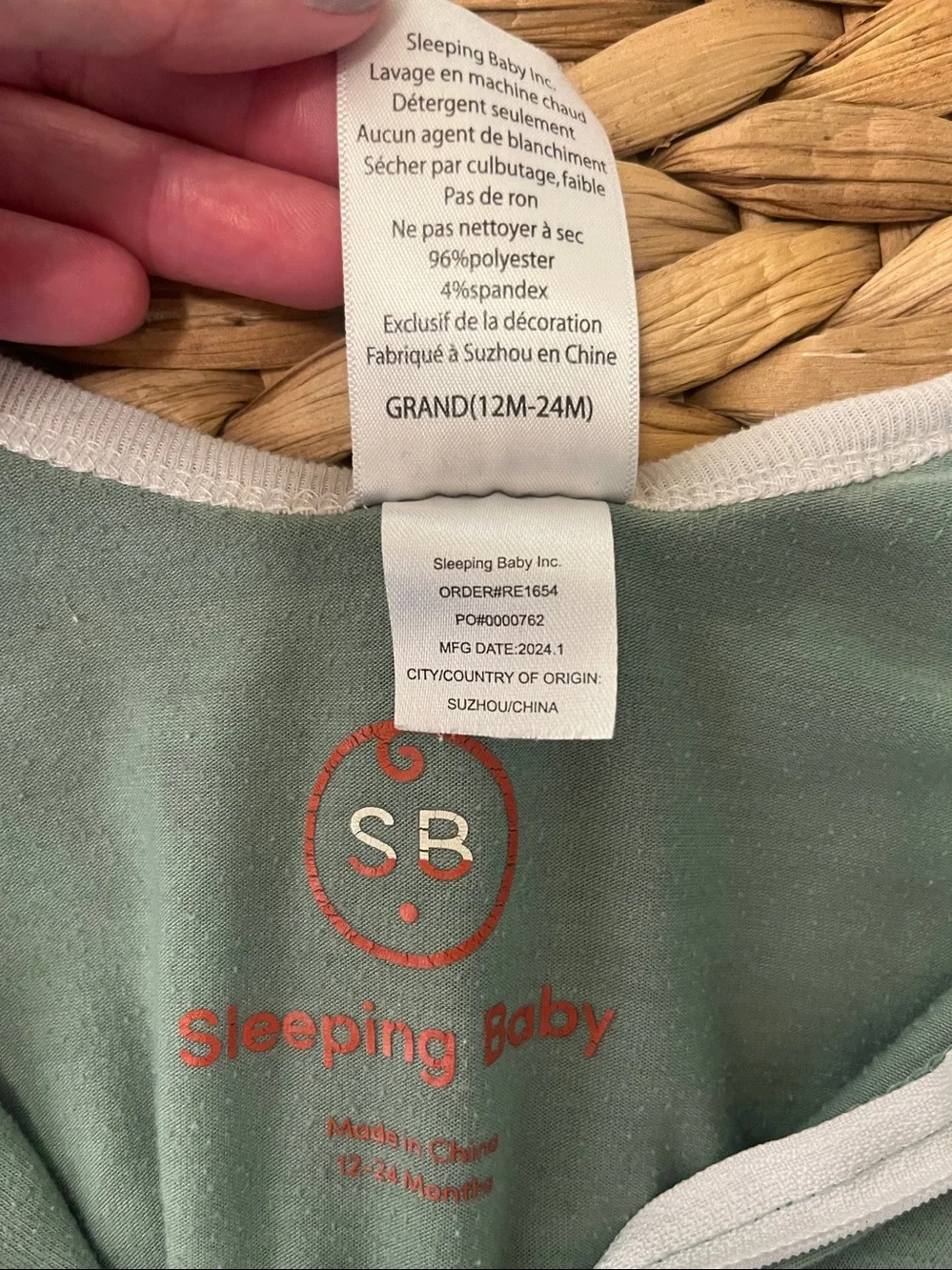 Sleeping Baby Light Sage Green Short Sleeve Romper with White Trim size large